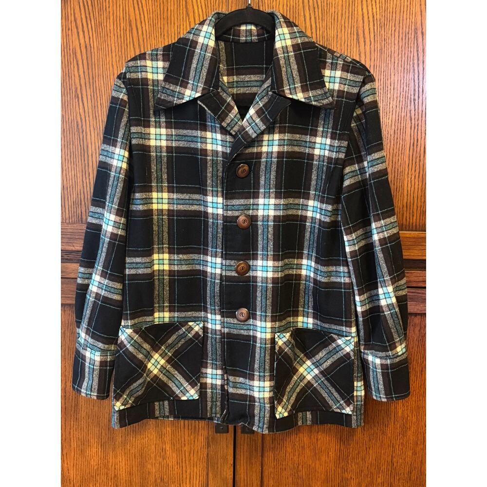 Vintage 70s Plaid Wool Shacket Black Brown Yellow Large Grunge Workwear
